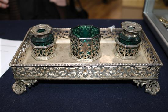 An early Victorian pierced silver inkstand by John Edward Terry, London, 1842, 15.3 oz.